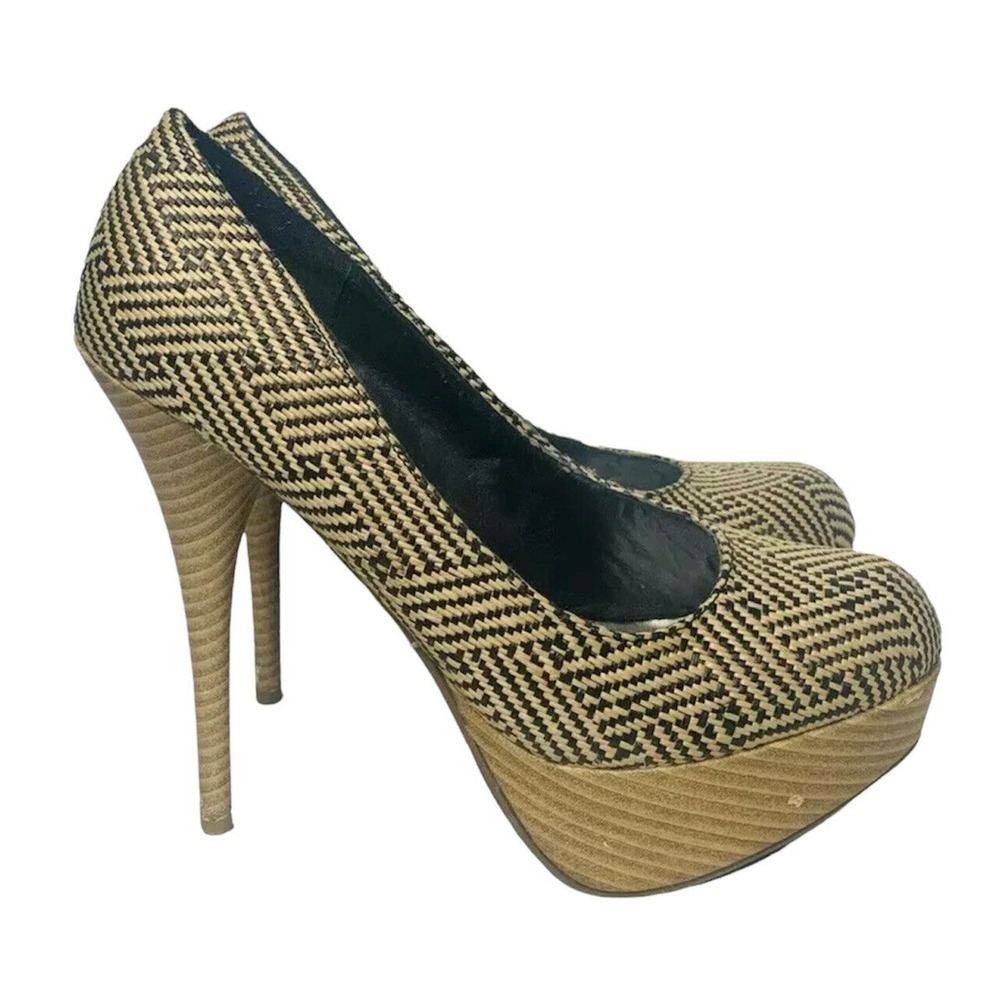 Womens Bamboo Colada High Heel Shoes Pumps‎ Black Tan Woven Pattern Size 9